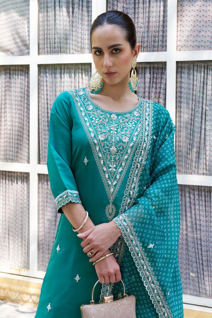 Firozi Color Silk Blend Fabric Beautiful Embroidered Kurta Set With Dupatta