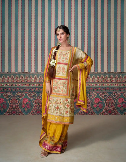 Yellow Embroidered Silk Fully Stitched Plazo suit
