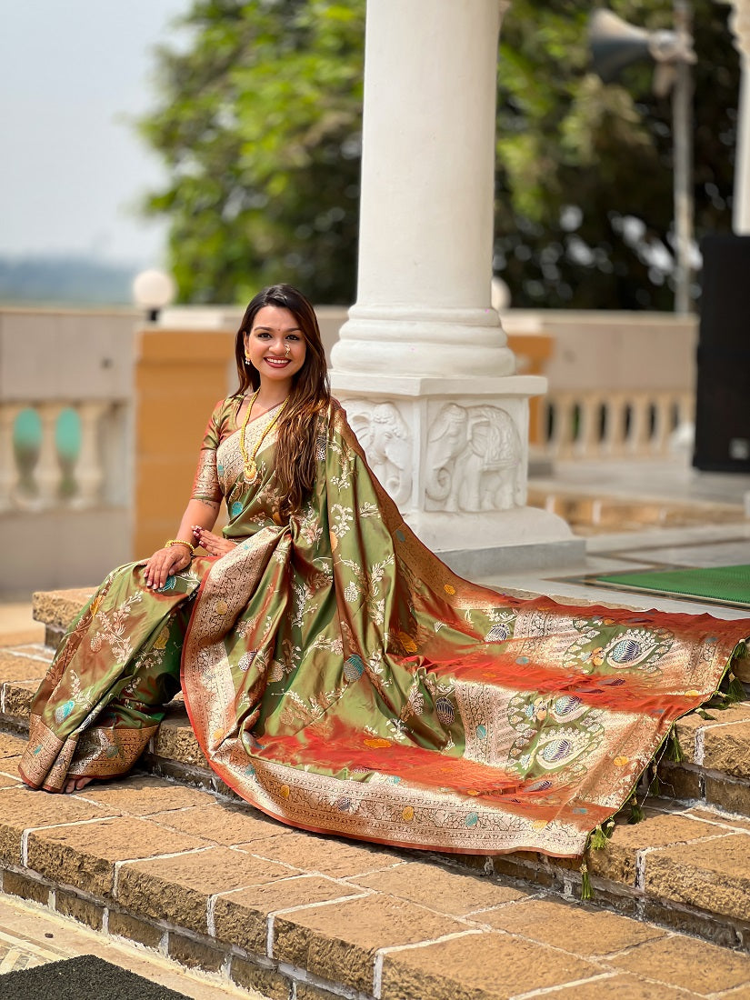 Mehendi Soft Banarasi Silk Meenakari Weaving Saree With Unstitched Blouse