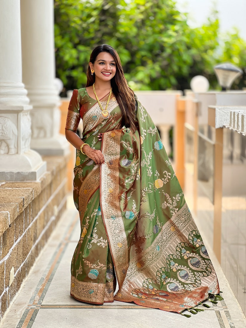 Mehendi Soft Banarasi Silk Meenakari Weaving Saree With Unstitched Blouse