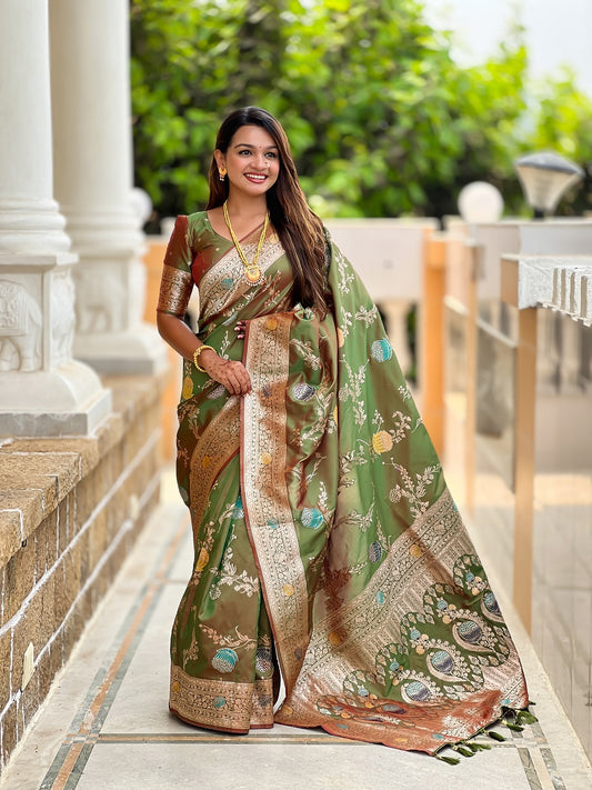 Mehendi Soft Banarasi Silk Meenakari Weaving Saree With Unstitched Blouse