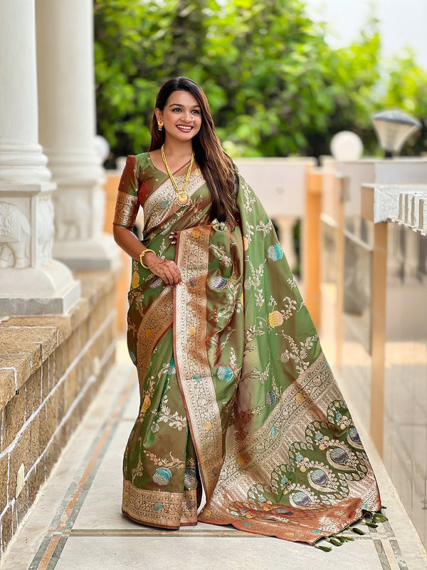 Mehendi Soft Banarasi Silk Meenakari Weaving Saree With Unstitched Blouse