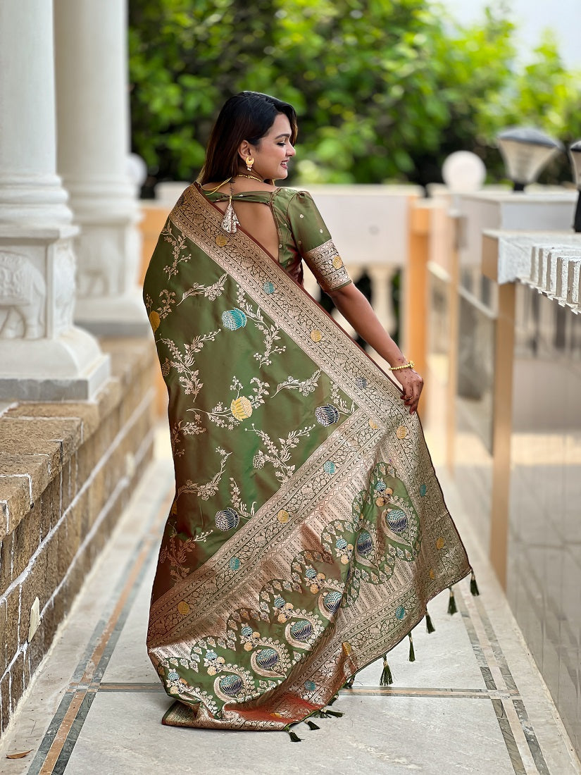 Mehendi Soft Banarasi Silk Meenakari Weaving Saree With Unstitched Blouse