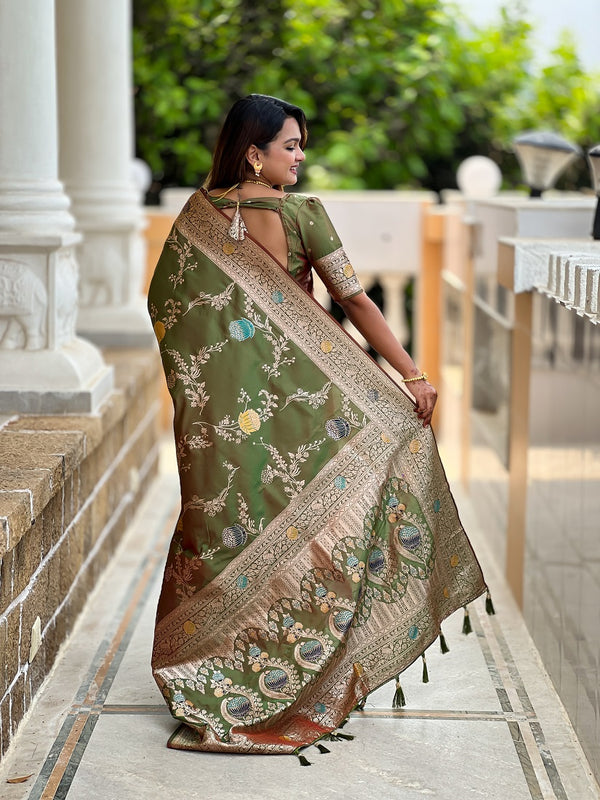 Mehendi Soft Banarasi Silk Meenakari Weaving Saree With Unstitched Blouse