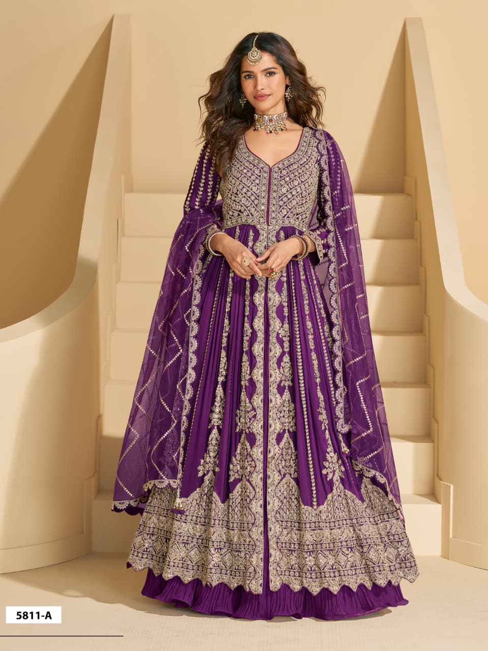 Chinon Silk Heavy Embrodiered Semi Stitched Wedding Gowns