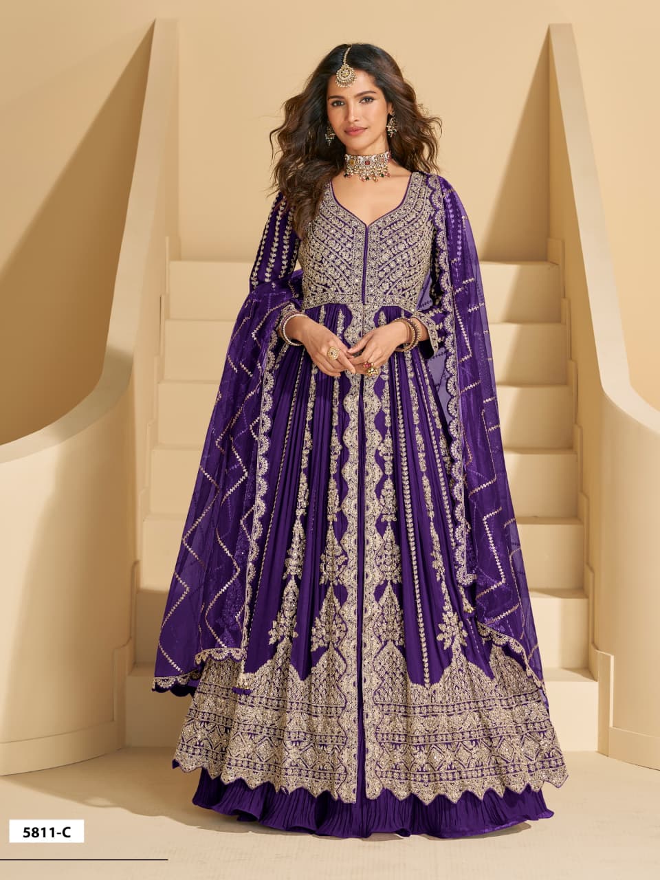 Chinon Silk Heavy Embrodiered Semi Stitched Wedding Gowns