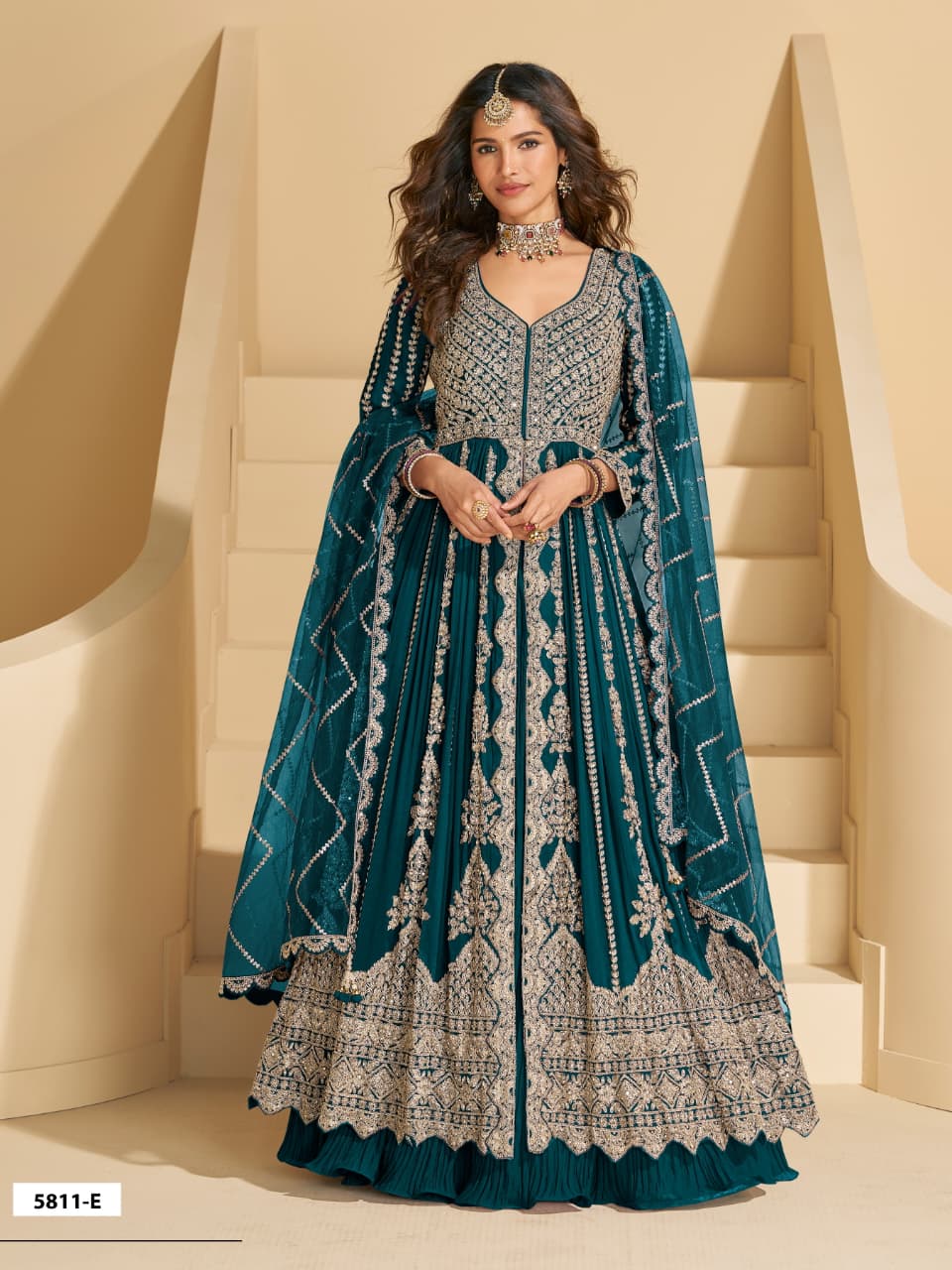 Chinon Silk Heavy Embrodiered Semi Stitched Wedding Gowns