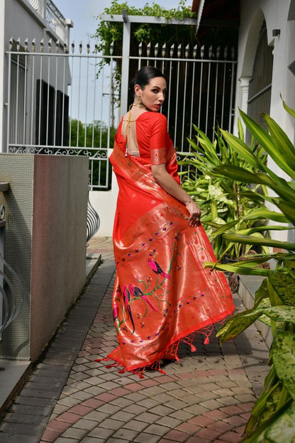 Orange Color Banarasi Silk Fabric Designer Partywear Saree