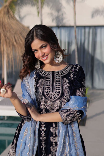 Blue Color Ice Velvet Fabric Ethnic Heavy Embroidered Ceremonial Suit With Dupatta