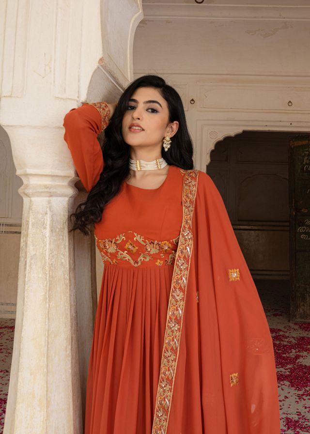 Orange Color Georgette Fabric Designer Embroidered Partywear Gown For Girlie Looks