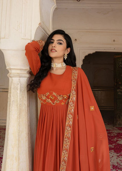 Orange Color Georgette Fabric Designer Embroidered Partywear Gown For Girlie Looks