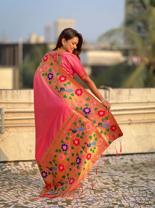Baby Pink Color Paithani Silk Fabric Woven Designer Partywear Saree