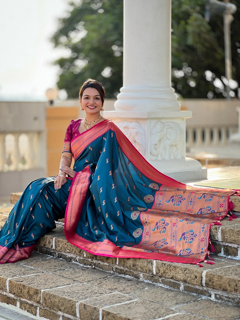 Teal Soft Paithani Silk Meenakari Weaving Saree With Unstitched Blouse