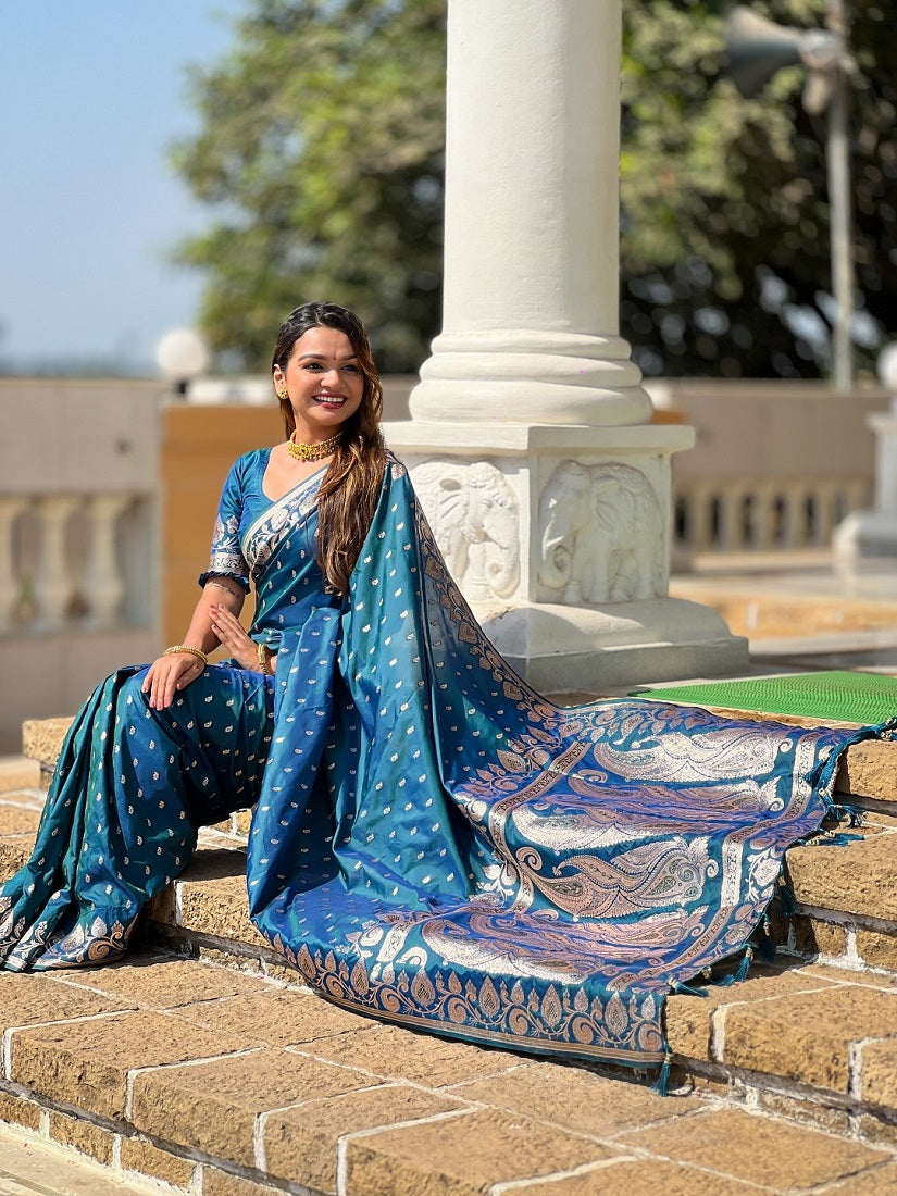 Teal Soft Banarasi Silk Meenakari Weaving Saree With Unstitched Blouse