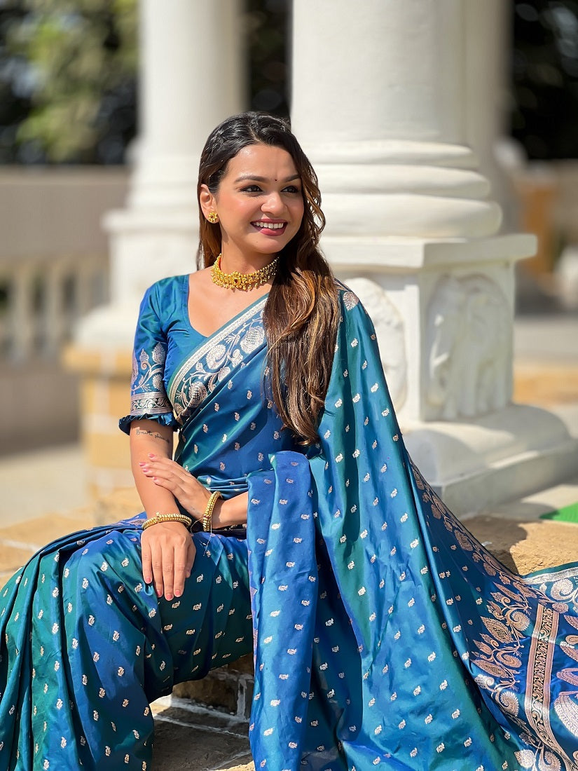 Teal Soft Banarasi Silk Meenakari Weaving Saree With Unstitched Blouse