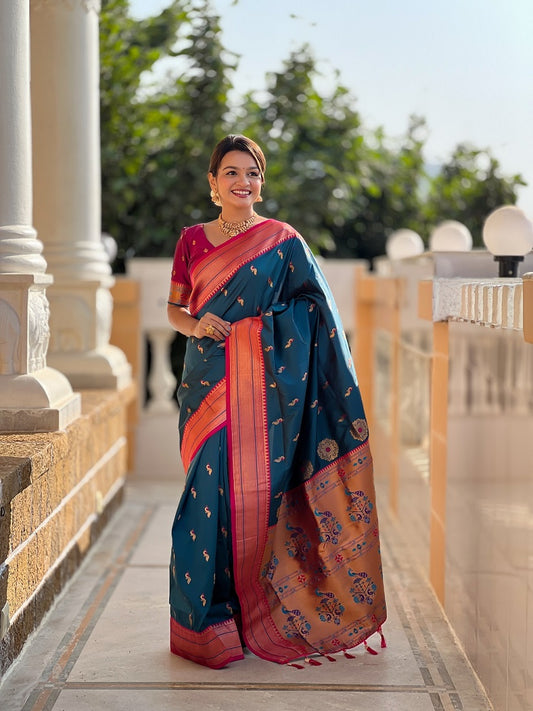Teal Soft Paithani Silk Meenakari Weaving Saree With Unstitched Blouse