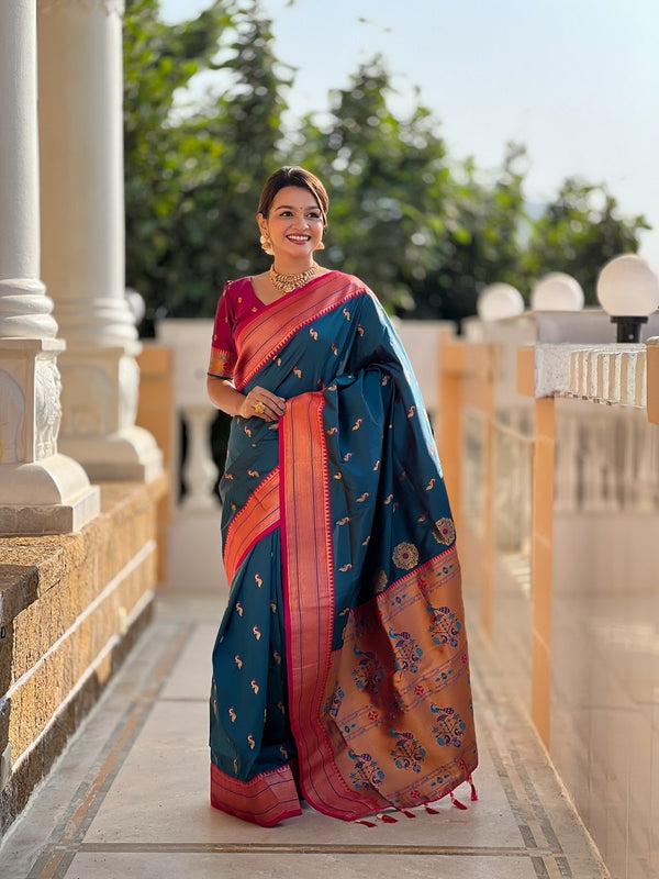 Teal Soft Paithani Silk Meenakari Weaving Saree With Unstitched Blouse