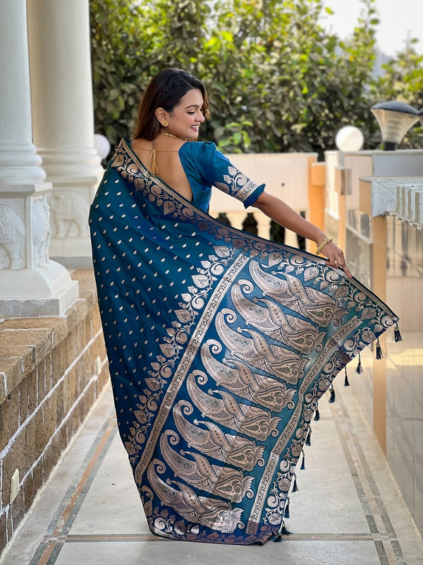 Teal Soft Banarasi Silk Meenakari Weaving Saree With Unstitched Blouse