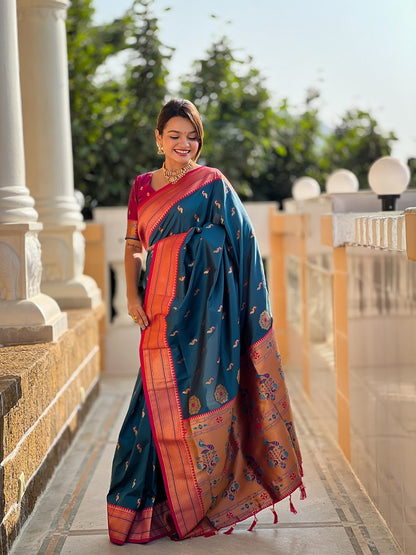 Teal Soft Paithani Silk Meenakari Weaving Saree With Unstitched Blouse