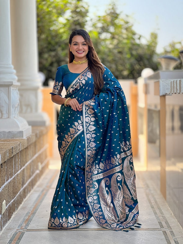 Grey Soft Banarasi Silk Meenakari Weaving Saree With Unstitched Blouse