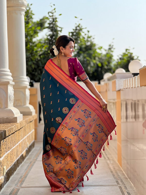 Teal Soft Paithani Silk Meenakari Weaving Saree With Unstitched Blouse