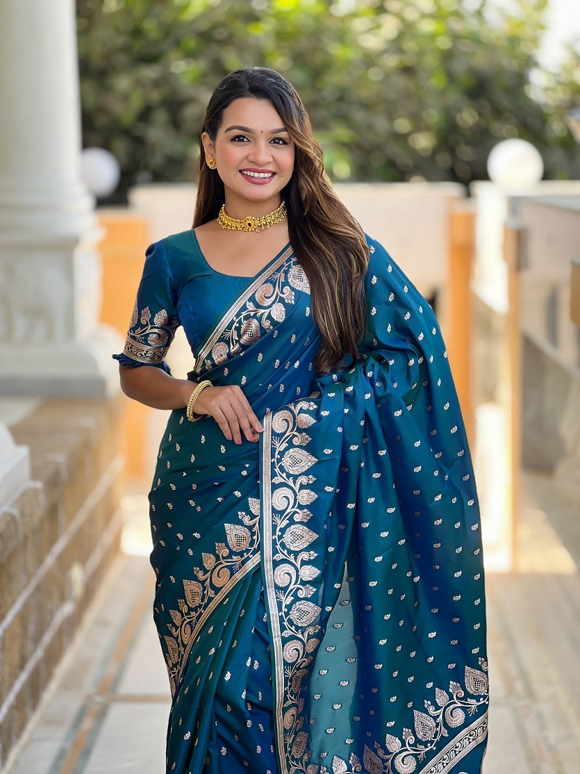 Teal Soft Banarasi Silk Meenakari Weaving Saree With Unstitched Blouse