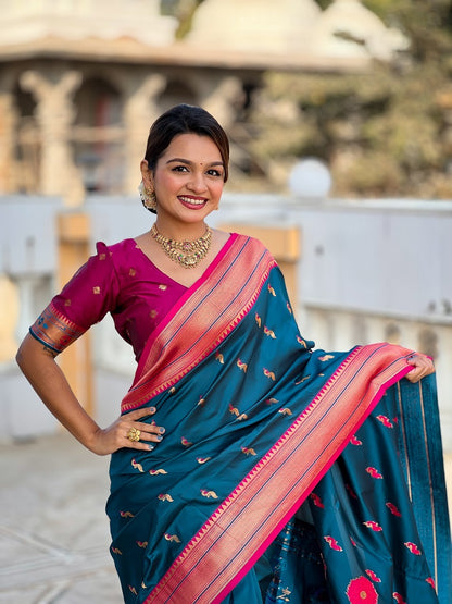 Teal Soft Paithani Silk Meenakari Weaving Saree With Unstitched Blouse