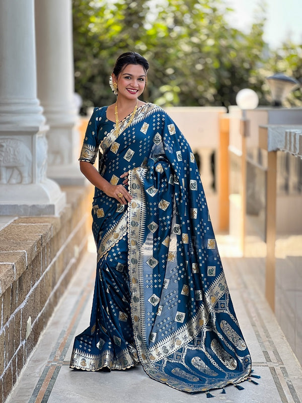 Teal Soft Dolla Silk Meenakari Weaving Saree With Unstitched Blouse