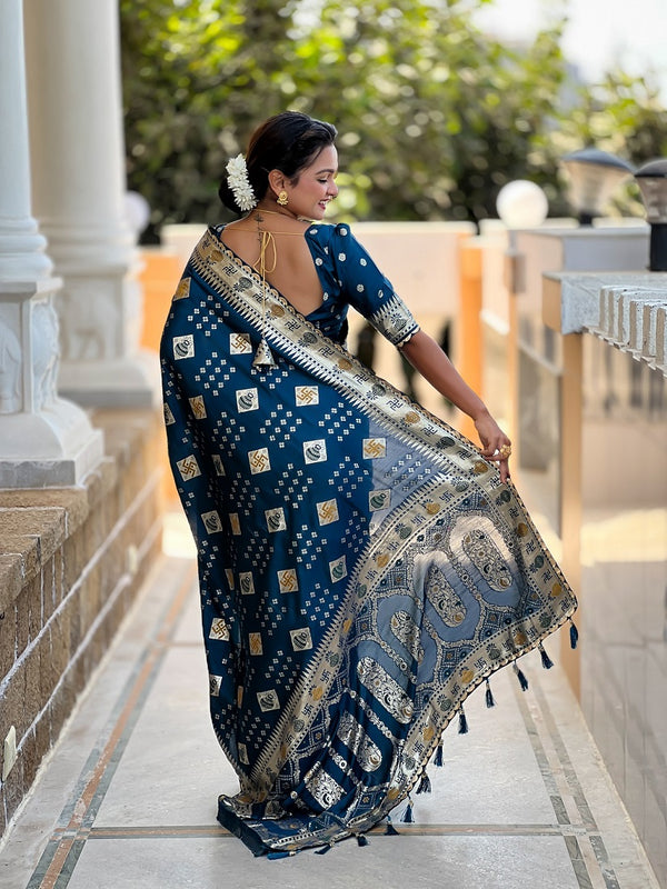 Teal Soft Dolla Silk Meenakari Weaving Saree With Unstitched Blouse