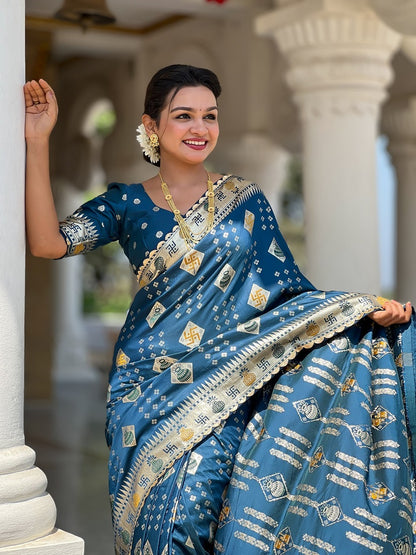 Teal Soft Dolla Silk Meenakari Weaving Saree With Unstitched Blouse