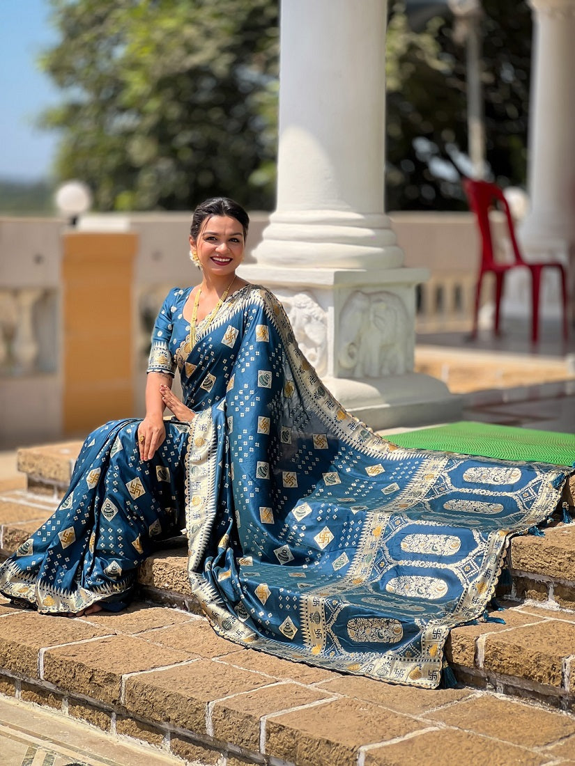 Teal Soft Dolla Silk Meenakari Weaving Saree With Unstitched Blouse