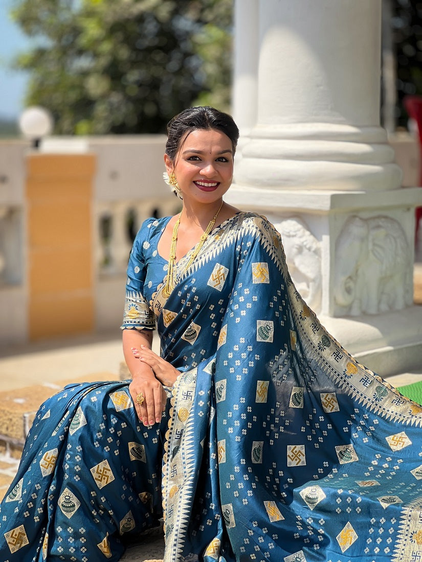 Teal Soft Dolla Silk Meenakari Weaving Saree With Unstitched Blouse