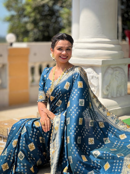 Teal Soft Dolla Silk Meenakari Weaving Saree With Unstitched Blouse