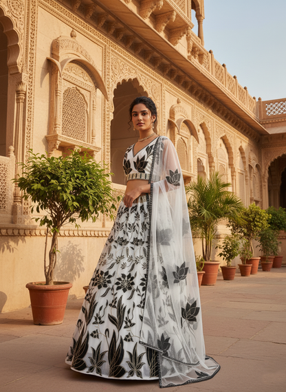 Embroidered Wedding Lehenga Set for Women HKV-00270 OFF WHITE