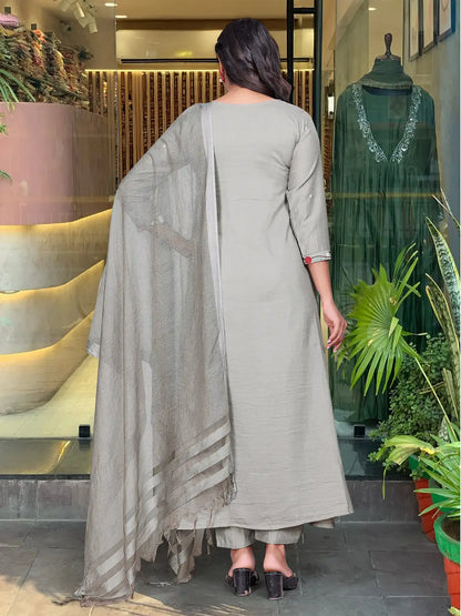 Women's Gorgeous Chinon Viscose Fabric Embroidery Work Straight Kurta Pant and Dupatta Set