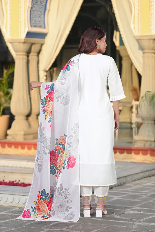 Women's Beautiful Chanderi Fabric Embroidery Work Straight Kurta Pant and Dupatta Set