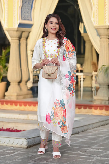 Women's Beautiful Chanderi Fabric Embroidery Work Straight Kurta Pant and Dupatta Set