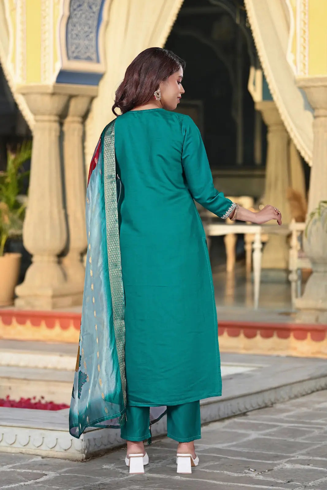 Women's Beautiful Viscose Chanderi Fabric Embroidery Work Straight Kurta Pant and Dupatta Set Rakhi