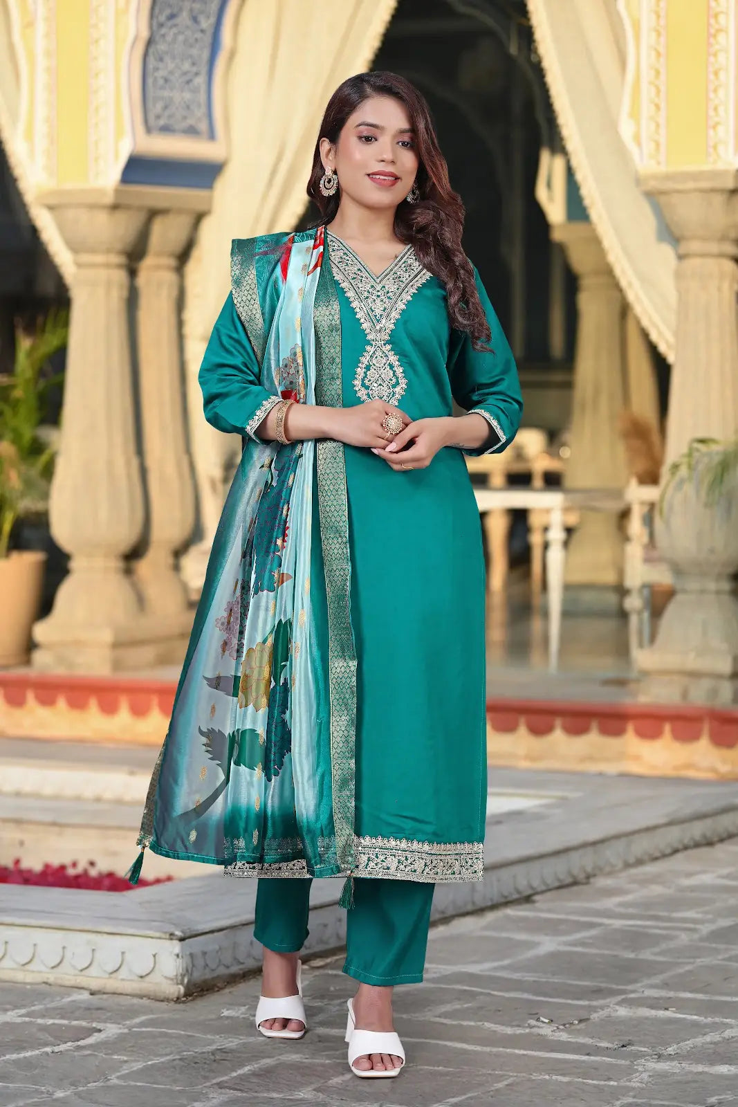 Women's Beautiful Viscose Chanderi Fabric Embroidery Work Straight Kurta Pant and Dupatta Set Rakhi