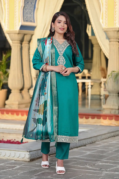 Women's Beautiful Viscose Chanderi Fabric Embroidery Work Straight Kurta Pant and Dupatta Set Rakhi