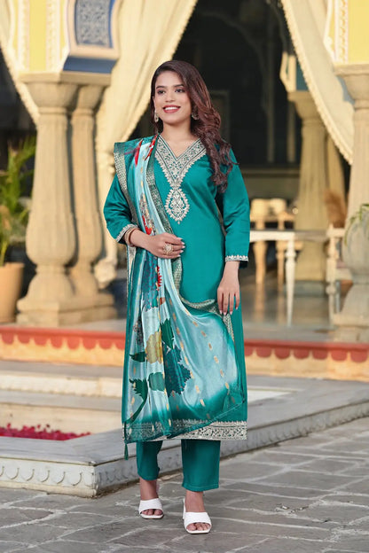 Women's Beautiful Viscose Chanderi Fabric Embroidery Work Straight Kurta Pant and Dupatta Set Rakhi