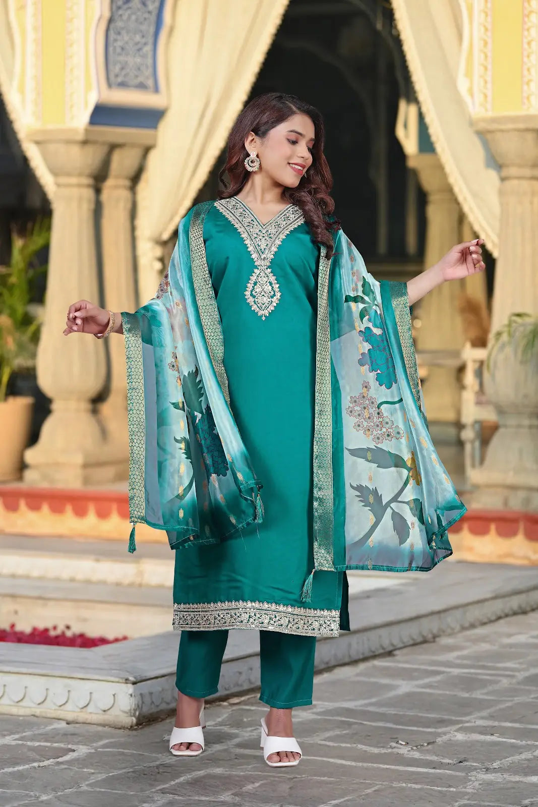 Women's Beautiful Viscose Chanderi Fabric Embroidery Work Straight Kurta Pant and Dupatta Set Rakhi