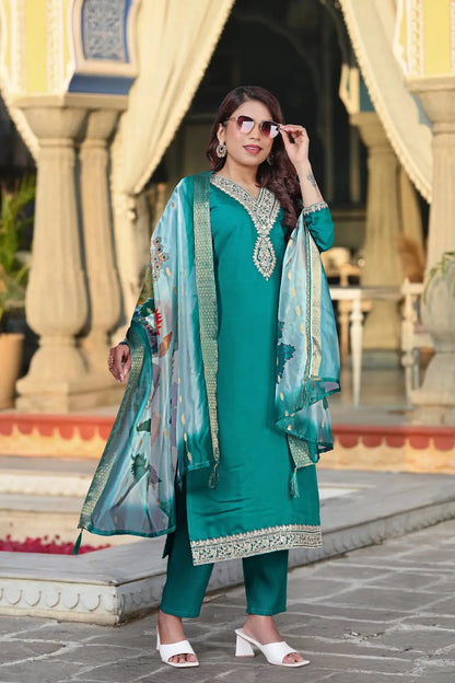 Women's Beautiful Viscose Chanderi Fabric Embroidery Work Straight Kurta Pant and Dupatta Set Rakhi
