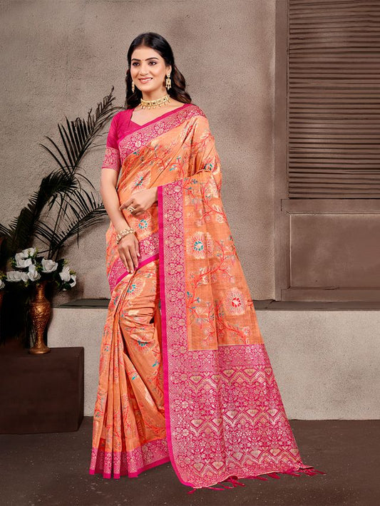 Orange Color Cotton Silk Fabric Woven Meenakari Designer Partywear Saree