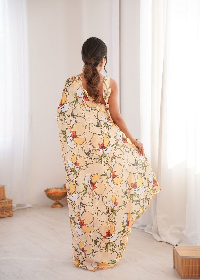 Peach Color Girlie Chinon Fabric Designer Digital Printed Ceremonial Saree