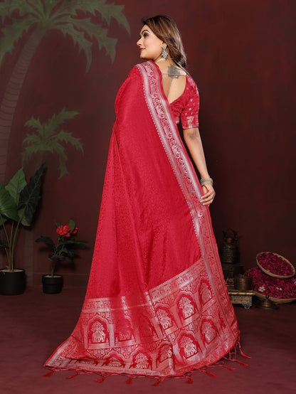 Red Color Satin Silk Fabric Woven Jari Designer Sophisticated Saree