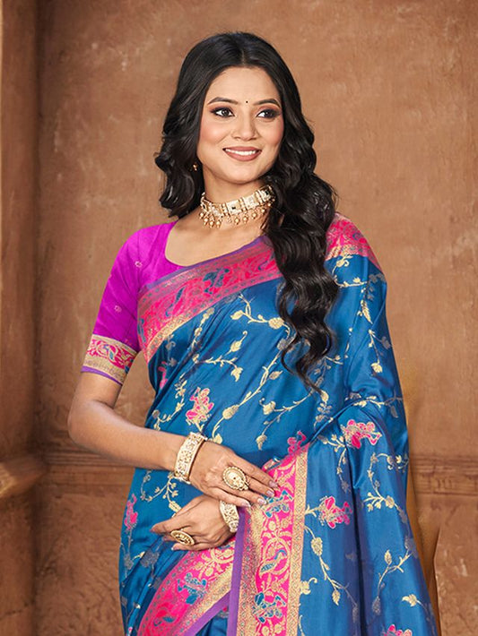 Peacock Blue Color Silk Fabric Woven Designer Ethnic Partywear Saree