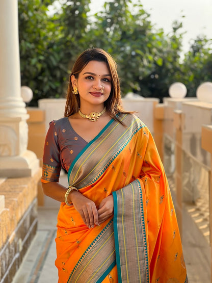 Mustard Soft Paithani Silk Meenakari Weaving Saree With Unstitched Blouse