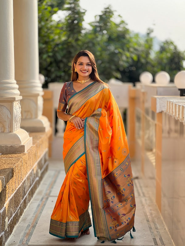 Mustard Soft Paithani Silk Meenakari Weaving Saree With Unstitched Blouse