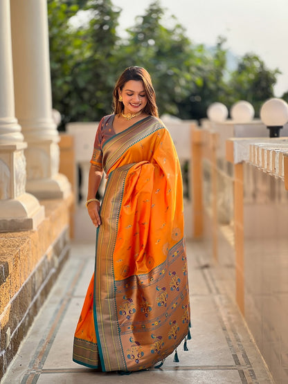 Mustard Soft Paithani Silk Meenakari Weaving Saree With Unstitched Blouse